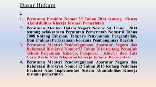 1. Peraturan Presiden Nomor 29 Tahun 2014 tentang Sistem
Akuntabilitas Kinerja Instansi Pemerintah
2. Peraturan Menteri Dalam Negeri Nomor 54 Tahun 2010
tentang pelaksanaan Peraturan Pemerintah Nomor 8 Tahun
2008 tentang Tahapan, Tatacara Penyusunan, Pengendalian,
Dan Evaluasi Pelaksanaan Rencana Pembangunan Daerah
3. Peraturan Menteri Pendayagunaan Aparatur Negara dan
Reformasi Birokrasi Nomor 53 Tahun 2014 tentang Petunjuk
Teknis Perjanjian Kinerja, Pelaporan Kinerja dan Tata
Cara Reviu Atas Pelaporan Kinerja Instansi Pemerintah
4. Peraturan Menteri Pendayagunaan Aparatur Negara dan
Reformasi Birokrasi Nomor 12 Tahun 2015 tentang Pedoman
Evaluasi Atas Implementasi Sistem Akuntabilitas Kinerja
Instansi pemerintah
 