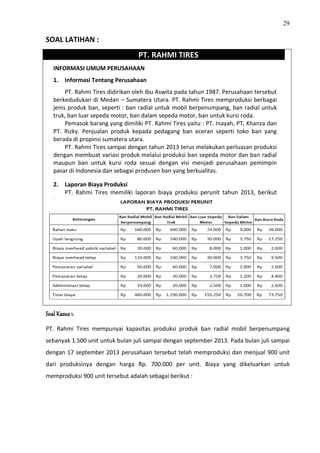 29
SOAL LATIHAN :
PT. RAHMI TIRES
INFORMASI UMUM PERUSAHAAN
1. Informasi Tentang Perusahaan
PT. Rahmi Tires didirikan oleh Ibu Aswita pada tahun 1987. Perusahaan tersebut
berkedudukan di Medan – Sumatera Utara. PT. Rahmi Tires memproduksi berbagai
jenis produk ban, seperti : ban radial untuk mobil berpenumpang, ban radial untuk
truk, ban luar sepeda motor, ban dalam sepeda motor, ban untuk kursi roda.
Pemasok barang yang dimiliki PT. Rahmi Tires yaitu : PT. Inayah, PT, Khanza dan
PT. Rizky. Penjualan produk kepada pedagang ban eceran seperti toko ban yang
berada di propinsi sumatera utara.
PT. Rahmi Tires sampai dengan tahun 2013 terus melakukan perluasan produksi
dengan membuat variasi produk melalui produksi ban sepeda motor dan ban radial
maupun ban untuk kursi roda sesuai dengan visi menjadi perusahaan pemimpin
pasar di Indonesia dan sebagai produsen ban yang berkualitas.
2. Laporan Biaya Produksi
PT. Rahmi Tires memiliki laporan biaya produksi perunit tahun 2013, berikut
laporannya :
Soal Kasus 1.
PT. Rahmi Tires mempunyai kapasitas produksi produk ban radial mobil berpenumpang
sebanyak 1.500 unit untuk bulan juli sampai dengan september 2013. Pada bulan juli sampai
dengan 17 september 2013 perusahaan tersebut telah memproduksi dan menjual 900 unit
dari produksinya dengan harga Rp. 700.000 per unit. Biaya yang dikeluarkan untuk
memproduksi 900 unit tersebut adalah sebagai berikut :
 