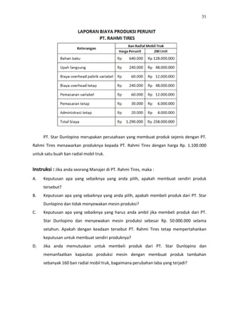 31
PT. Star Dunlopino merupakan perusahaan yang membuat produk sejenis dengan PT.
Rahmi Tires menawarkan produknya kepada PT. Rahmi Tires dengan harga Rp. 1.100.000
untuk satu buah ban radial mobil truk.
Instruksi : Jika anda seorang Manajer di PT. Rahmi Tires, maka :
A. Keputusan apa yang sebaiknya yang anda pilih, apakah membuat sendiri produk
tersebut?
B. Keputusan apa yang sebaiknya yang anda pilih, apakah membeli produk dari PT. Star
Dunlopino dan tidak menyewakan mesin produksi?
C. Keputusan apa yang sebaiknya yang harus anda ambil jika membeli produk dari PT.
Star Dunlopino dan menyewakan mesin produksi sebesar Rp. 50.000.000 selama
setahun. Apakah dengan keadaan tersebut PT. Rahmi Tires tetap mempertahankan
keputusan untuk membuat sendiri produknya?
D. Jika anda memutuskan untuk membeli produk dari PT. Star Dunlopino dan
memanfaatkan kapasitas produksi mesin dengan membuat produk tambahan
sebanyak 160 ban radial mobil truk, bagaimana perubahan laba yang terjadi?
 