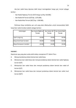 34
Jika ban radial biasa diproses lebih lanjut meningkatkan harga jual, rincian sebagai
berikut :
- Ban Radial Highway Terrain (H/T) Harga Jual Rp. 910.000,-
- Ban Radial All Terrain (A/T) Rp. 1.075.000,-
- Ban Radial Mud Terrain (M/T) Rp. 1.500.000,-
Perkiraan biaya tambahan per unit yang akan dikeluarkan untuk memproduksi lebih
lanjut ban radial tersebut adalah sebagai berikut :
Instruksi :
Keputusan apa yang akan anda ambil selaku manajemen PT. Rahmi Tires :
A. Menjual produknya dalam bentuk ban radial biasa
B. Memproses ban radial biasa dan menjual produknya dalam bentuk ban radial highway
terrain (H/T)
C. Memproses ban radial biasa dan menjual produknya dalam bentuk ban radial all
terrain (A/T)
D. Memproses ban radial biasa dan menjual produknya dalam bentuk ban radial mud
terrain (M/T)
 