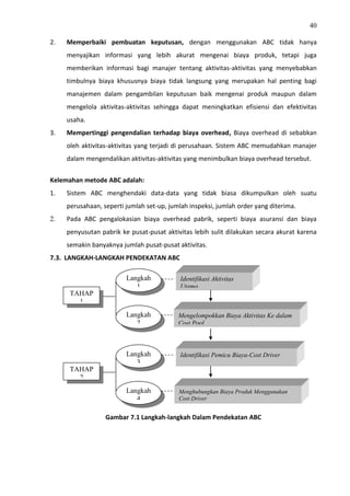 40
2. Memperbaiki pembuatan keputusan, dengan menggunakan ABC tidak hanya
menyajikan informasi yang lebih akurat mengenai biaya produk, tetapi juga
memberikan informasi bagi manajer tentang aktivitas-aktivitas yang menyebabkan
timbulnya biaya khususnya biaya tidak langsung yang merupakan hal penting bagi
manajemen dalam pengambilan keputusan baik mengenai produk maupun dalam
mengelola aktivitas-aktivitas sehingga dapat meningkatkan efisiensi dan efektivitas
usaha.
3. Mempertinggi pengendalian terhadap biaya overhead, Biaya overhead di sebabkan
oleh aktivitas-aktivitas yang terjadi di perusahaan. Sistem ABC memudahkan manajer
dalam mengendalikan aktivitas-aktivitas yang menimbulkan biaya overhead tersebut.
Kelemahan metode ABC adalah:
1. Sistem ABC menghendaki data-data yang tidak biasa dikumpulkan oleh suatu
perusahaan, seperti jumlah set-up, jumlah inspeksi, jumlah order yang diterima.
2. Pada ABC pengalokasian biaya overhead pabrik, seperti biaya asuransi dan biaya
penyusutan pabrik ke pusat-pusat aktivitas lebih sulit dilakukan secara akurat karena
semakin banyaknya jumlah pusat-pusat aktivitas.
7.3. LANGKAH-LANGKAH PENDEKATAN ABC
Gambar 7.1 Langkah-langkah Dalam Pendekatan ABC
Identifikasi Aktivitas
Utama
TAHAP
1
Langkah
1
Langkah
2
Mengelompokkan Biaya Aktivitas Ke dalam
Cost Pool
Identifikasi Pemicu Biaya-Cost Driver
TAHAP
2
Langkah
3
Langkah
4
Menghubungkan Biaya Produk Menggunakan
Cost Driver
 