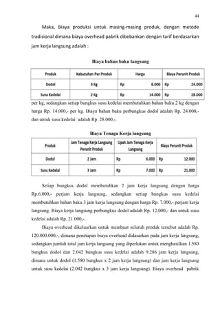 44
Maka, Biaya produksi untuk masing-masing produk, dengan metode
tradisional dimana biaya overhead pabrik dibebankan dengan tarif berdasarkan
jam kerja langsung adalah :
Biaya bahan baku langsung
Setiap bungkus dodol membutuhkan 3 Kg bahan baku dengan harga Rp. 8.000,-
per kg, sedangkan setiap bungkus susu kedelai membutuhkan bahan baku 2 kg dengan
harga Rp. 14.000,- per kg. Biaya bahan baku perbungkus dodol adalah Rp. 24.000,-
dan untuk susu kedelai adalah Rp. 28.000,-.
Biaya Tenaga Kerja langsung
Setiap bungkus dodol membutuhkan 2 jam kerja langsung dengan harga
Rp.6.000,- perjam kerja langsung, sedangkan setiap bungkus susu kedelai
membutuhkan bahan baku 3 jam kerja langsung dengan harga Rp. 7.000,- perjam kerja
langsung. Biaya kerja langsung perbungkus dodol adalah Rp. 12.000,- dan untuk susu
kedelai adalah Rp. 21.000,-.
Biaya overhead dikeluarkan untuk membuat seluruh produk tersebut adalah Rp.
120.000.000,-, dimana penetapan biaya overhead didasarkan pada jam kerja langsung,
sedangkan jumlah total jam kerja langsung yang diperlukan untuk menghasilkan 1.580
bungkus dodol dan 2.042 bungkus susu kedelai adalah 9.286 jam kerja langsung,
dimana untuk dodol (1.580 bungkus x 2 jam kerja langsung) dan jam kerja langsung
untuk susu kedelai (2.042 bungkus x 3 jam kerja langsung). Biaya overhead pabrik
 