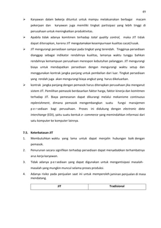 49
 Karyawan dalam bekerja dituntut untuk mampu melaksanakan berbagai macam
pekerjaan dan karyawan juga memiliki tingkat partisipasi yang lebih tinggi di
perusahaan untuk meningkatkan produktivitas.
 Apabila tidak adanya komitmen terhadap total quality control, maka JIT tidak
dapat diterapkan, karena JIT mengutamakan kesempurnaan kualitas cacat/rusak.
 JIT mengurangi persediaan sampai pada tingkat yang terendah. Tingginya persediaan
dianggap sebagai indikator rendahnya kualitas, lamanya waktu tunggu bahkan
rendahnya kemampuan perusahaan merespon kebutuhan pelanggan. JIT mengurangi
biaya untuk mendapatkan persediaan dengan mengurangi waktu setup dan
menggunakan kontrak jangka panjang untuk pembelian dari luar. Tingkat persediaan
yang rendah juga akan mengurangi biaya angkut yang harus dikeluarkan.
 kontrak jangka panjang dengan pemasok harus diterapkan perusahaan jika menganut
sistem JIT. Pemilihan pemasok berdasarkan faktor harga, faktor kinerja dan komitmen
terhadap JIT. Biaya pemesanan dapat dikurangi melalui mekanisme continuous
replenishment, dimana pemasok mengembangkan suatu fungsi manajemen
p e r sediaan bagi perusahaan. Proses ini didukung dengan electronic data
interchange (EDI), yaitu suatu bentuk e- commerce yang memindahkan informasi dari
satu komputer ke komputer lainnya.
7.5. Keterbatasan JIT
1. Membutuhkan waktu yang lama untuk dapat menjalin hubungan baik dengan
pemasok.
2. Penurunan secara signifikan terhadap persediaan dapat menyebabkan terhambatnya
arus kerja karyawan.
3. Tidak adanya p e r sediaan yang dapat digunakan untuk mengantisipasi masalah-
masalah yang mungkin muncul selama proses produksi.
4. Adanya risiko pada penjualan saat ini untuk memperoleh jaminan penjualan di masa
mendatang.
JIT Tradisional
 