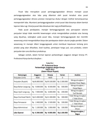66
Pusat laba merupakan pusat pertanggungjawaban dimana manajer pusat
pertanggungjawaban atas laba yang dibentuk oleh pusat tersebut atau pusat
pertanggungjawaban dimana prestasi manajernya diukur dengan melihat kemampuannya
memperoleh laba. Akuntansi pertanggungjawaban untuk pusat laba biasanya dalam bentuk
laporan laba-rugi. Kinerja pusat laba dievaluasi dari segi profitabilitasnya.
Pada pusat pendapatan, manajer bertanggungjawab atas pencapaian volume
penjualan tetapi tidak memiliki kewenangan untuk mengendalikan produksi atas barang
yang dijualnya, sedangkan pada pusat laba, manajer bertanggungjawab dan memiliki
wewenang untuk mengendalikan biaya dan pendapatan dalam ukuran jangka pendek. Dalam
wewenang ini manajer diberi tanggungjawab untuk membuat keputusan tentang jenis
produk yang akan dihasilkan, level kualitas, penetapan harga jual, cara produksi, sistem
penjualan dan cara distribusi produknya.
Sebagai contoh, dalam format laporan perbandingan anggaran dengan kinerja PT.
Profesional Karya berikut disajikan :
Tabel 8.4
 