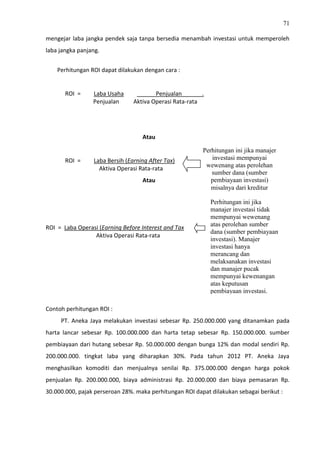 71
mengejar laba jangka pendek saja tanpa bersedia menambah investasi untuk memperoleh
laba jangka panjang.
Perhitungan ROI dapat dilakukan dengan cara :
ROI = Laba Usaha Penjualan .
Penjualan Aktiva Operasi Rata-rata
Atau
ROI = Laba Bersih (Earning After Tax)
Aktiva Operasi Rata-rata
Atau
ROI = Laba Operasi (Earning Before Interest and Tax
Aktiva Operasi Rata-rata
Contoh perhitungan ROI :
PT. Aneka Jaya melakukan investasi sebesar Rp. 250.000.000 yang ditanamkan pada
harta lancar sebesar Rp. 100.000.000 dan harta tetap sebesar Rp. 150.000.000. sumber
pembiayaan dari hutang sebesar Rp. 50.000.000 dengan bunga 12% dan modal sendiri Rp.
200.000.000. tingkat laba yang diharapkan 30%. Pada tahun 2012 PT. Aneka Jaya
menghasilkan komoditi dan menjualnya senilai Rp. 375.000.000 dengan harga pokok
penjualan Rp. 200.000.000, biaya administrasi Rp. 20.000.000 dan biaya pemasaran Rp.
30.000.000, pajak perseroan 28%. maka perhitungan ROI dapat dilakukan sebagai berikut :
Perhitungan ini jika manajer
investasi mempunyai
wewenang atas perolehan
sumber dana (sumber
pembiayaan investasi)
misalnya dari kreditur
Perhitungan ini jika
manajer investasi tidak
mempunyai wewenang
atas perolehan sumber
dana (sumber pembiayaan
investasi). Manajer
investasi hanya
merancang dan
melaksanakan investasi
dan manajer pucak
mempunyai kewenangan
atas keputusan
pembiayaan investasi.
 