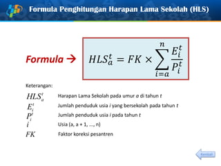 Formula Penghitungan Harapan Lama Sekolah (HLS)
Formula 
Keterangan:
t
aHLS Harapan Lama Sekolah pada umur a di tahun t
t
iE Jumlah penduduk usia i yang bersekolah pada tahun t
t
iP Jumlah penduduk usia i pada tahun t
i Usia (a, a + 1, ..., n)
Faktor koreksi pesantrenFK
Kembali
 