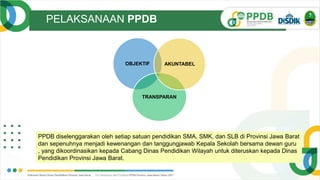 PELAKSANAAN PPDB
OBJEKTIF TRANSPARAN
OBJEKTIF
TRANSPARAN
AKUNTABEL
PPDB diselenggarakan oleh setiap satuan pendidikan SMA, SMK, dan SLB di Provinsi Jawa Barat
dan sepenuhnya menjadi kewenangan dan tanggungjawab Kepala Sekolah bersama dewan guru
, yang dikoordinasikan kepada Cabang Dinas Pendidikan Wilayah untuk diteruskan kepada Dinas
Pendidikan Provinsi Jawa Barat.
 