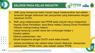 SELEKSI PADA KELAS INDUSTRI
V.1.
0
V.1.
a. SMK yang mempunyai kelas Industri dapat melaksanakan test seleksi
tersendiri dengan ketentuan dan persyaratan yang disesuaikan dengan
keperluan DU/DI;
b. SMK yang melaksanakan test PPDB kelas industri harus melaporkan
kepada Dinas Pendidikan Jawa Barat melalui Cabang Dinas Pendidikan
Wilayah masing-masing meliputi :
1)daya tampung ( jumlah siswa dan rombongan belajar );
2)waktu seleksi;
3)teknis pelaksanaan; dan
4)bukti kerjasama dengan DU/DI untuk kelas Industri;
c. Jadwal pendaftaran dan seleksi kelas industri dilakukan bersamaan
pelaksanaan PPDB online, atau setelah seleksi PPDB.
 