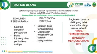 DAFTAR ULANG
V.1.
0
• Siapkan
dokumen
persyaratan
• Bawa
fotocopy dan
perlihatkan
aslinya
DOKUMEN
PERSYARATAN
BUKTI TANDA
DITERIMA
• Siapkan bukti
tanda diterima
• Dicetak dari
website PPDB
setelah
pengumuman
DIANGGAP
MENGUNDURKAN
DIRI
Daftar ulang langsung di sekolah tujuan/online ke alamat website sekolah
(alamat pada POS satuan Pendidikan tujuan)
(Disesuaikan perkembangan masa pandemi/protokolCovid-19)
Bagi calon peserta
didik yang tidak
mendaftar ulang
sesuai jadwal,
TANPA
PEMBERITAHUAN
 