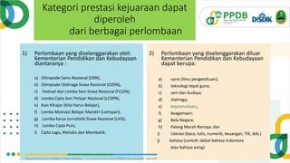 Kategori prestasi kejuaraan dapat
diperoleh
dari berbagai perlombaan
1) Perlombaan yang diselenggarakan oleh
Kementerian Pendidikan dan Kebudayaan
diantaranya :
a) Olimpiade Sains Nasional (OSN),
b) Olimpiade Olahraga Siswa Nasional (O2SN),
c) Festival dan Lomba Seni Siswa Nasional (FLS2N),
d) Lomba Cipta Seni Pelajar Nasional (LCSPN),
e) Kuis Kihajar (Kita Harus Belajar),
f) Lomba Motivasi Belajar Mandiri (Lomojari),
g) Lomba Karya Jurnalistik Siswa Nasional (LKJS),
h) Lomba Cipta Puisi,
i) Cipta Lagu, Melukis dan Membatik.
2) Perlombaan yang diselenggarakan diluar
Kementerian Pendidikan dan Kebudayaan
dapat berupa:
a) sains (ilmu pengetahuan);
b) teknologi tepat guna;
c) seni dan budaya;
d) olahraga;
e) kepramukaan.;
f) keagamaan;
g) Bela Negara;
h) Palang Merah Remaja; dan
i) Literasi (baca, tulis, numerik, keuangan, TIK, dsb.)
j) bahasa (contoh: debat bahasa Indonesia
atau bahasa asing)
 