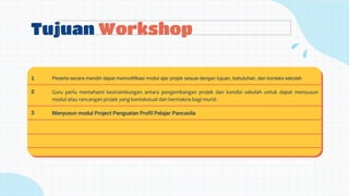 Tujuan Workshop
1 Peserta secara mandiri dapat memodifikasi modul ajar projek sesuai dengan tujuan, kebutuhan, dan konteks sekolah
2 Guru perlu memahami kesinambungan antara pengembangan projek dan kondisi sekolah untuk dapat menyusun
modul atau rancangan projek yang kontekstual dan bermakna bagi murid.
3 Menyusun modul Project Penguatan Profil Pelajar Pancasila
 