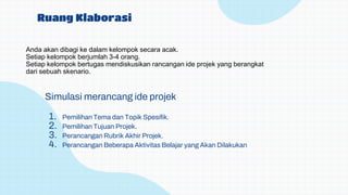 Ruang Klaborasi
Simulasi merancang ide projek
1. Pemilihan Tema dan Topik Spesifik.
2. Pemilihan Tujuan Projek.
3. Perancangan Rubrik Akhir Projek.
4. Perancangan Beberapa Aktivitas Belajar yang Akan Dilakukan
Anda akan dibagi ke dalam kelompok secara acak.
Setiap kelompok berjumlah 3-4 orang.
Setiap kelompok bertugas mendiskusikan rancangan ide projek yang berangkat
dari sebuah skenario.
 