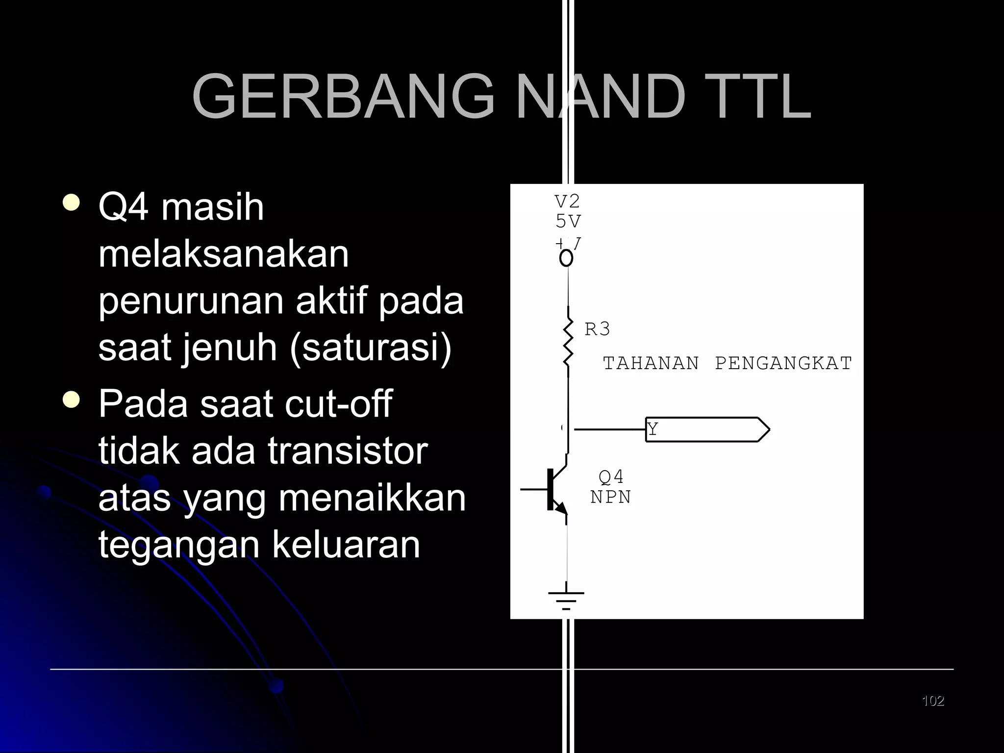 GERBANG NAND TTL
 Q4

masih
melaksanakan
penurunan aktif pada
saat jenuh (saturasi)
 Pada saat cut-off
tidak ada transistor
atas yang menaikkan
tegangan keluaran

V2
5V
+V

R3
TAHANAN PENGANGKAT
Y
Q4
NPN

102

 