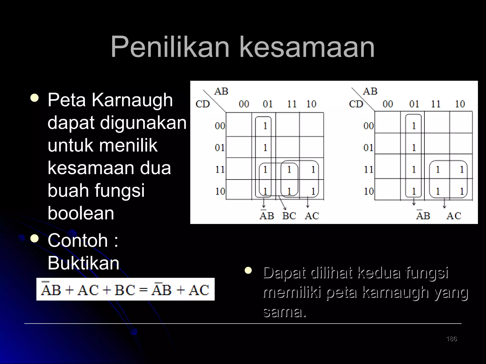 Penilikan kesamaan
 Peta

Karnaugh
dapat digunakan
untuk menilik
kesamaan dua
buah fungsi
boolean
 Contoh :
Buktikan
kesamaan



Dapat dilihat kedua fungsi
memiliki peta karnaugh yang
sama.
186

 