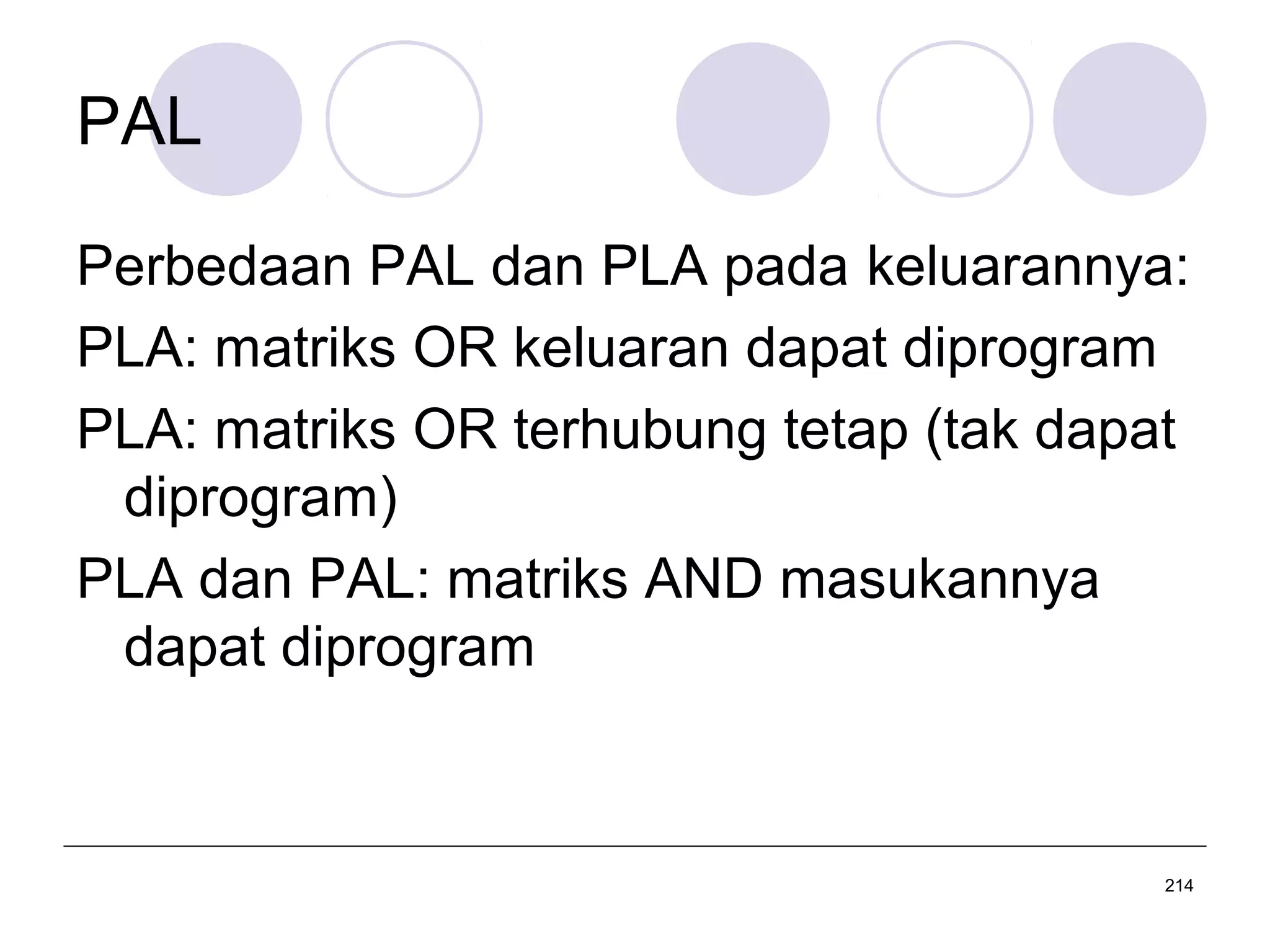 PAL
Perbedaan PAL dan PLA pada keluarannya:
PLA: matriks OR keluaran dapat diprogram
PLA: matriks OR terhubung tetap (tak dapat
diprogram)
PLA dan PAL: matriks AND masukannya
dapat diprogram

214

 