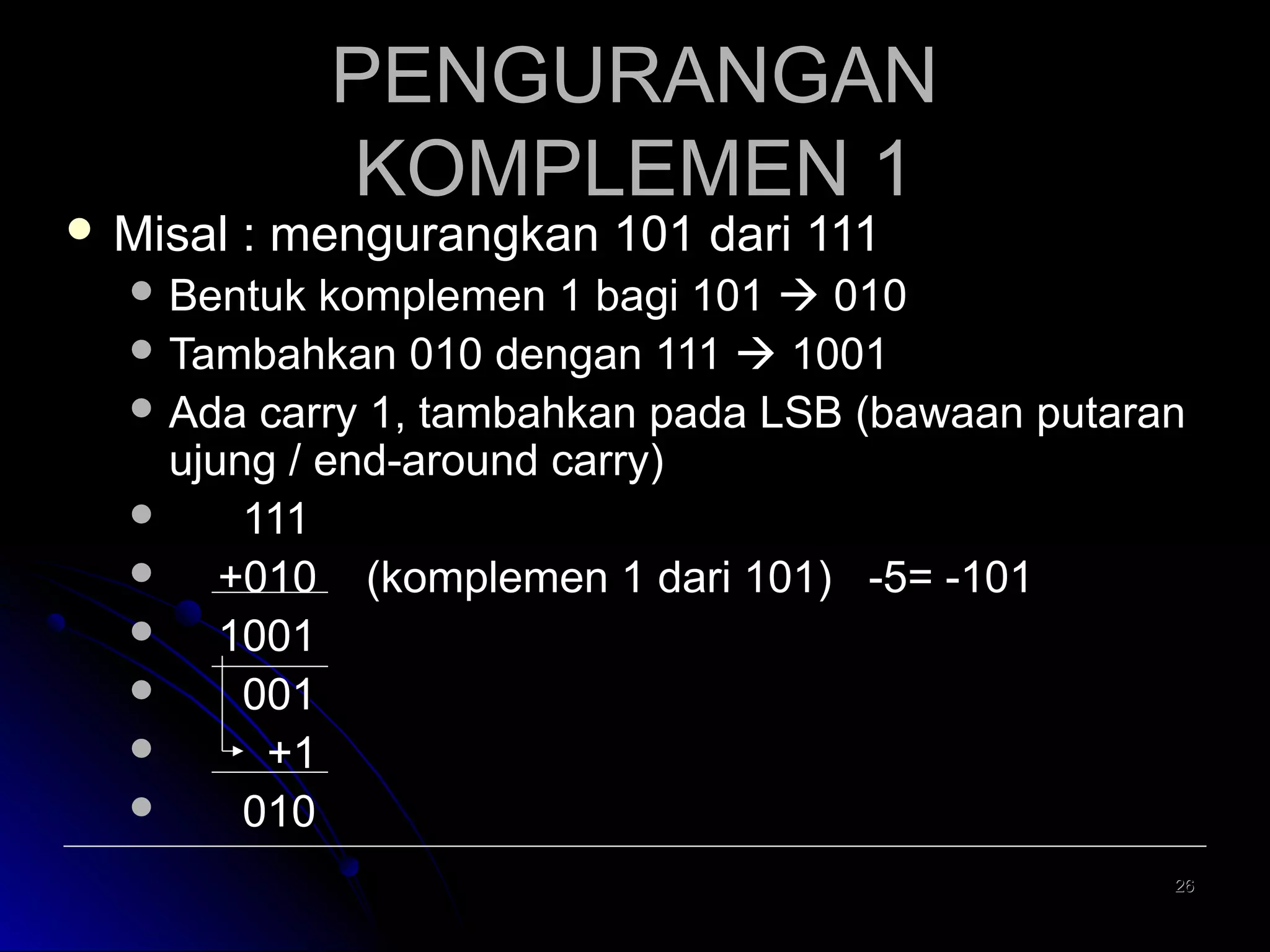  Misal

PENGURANGAN
KOMPLEMEN 1

: mengurangkan 101 dari 111

 Bentuk

komplemen 1 bagi 101  010
 Tambahkan 010 dengan 111  1001
 Ada carry 1, tambahkan pada LSB (bawaan putaran
ujung / end-around carry)

111

+010 (komplemen 1 dari 101) -5= -101

1001

001

+1

010
26

 