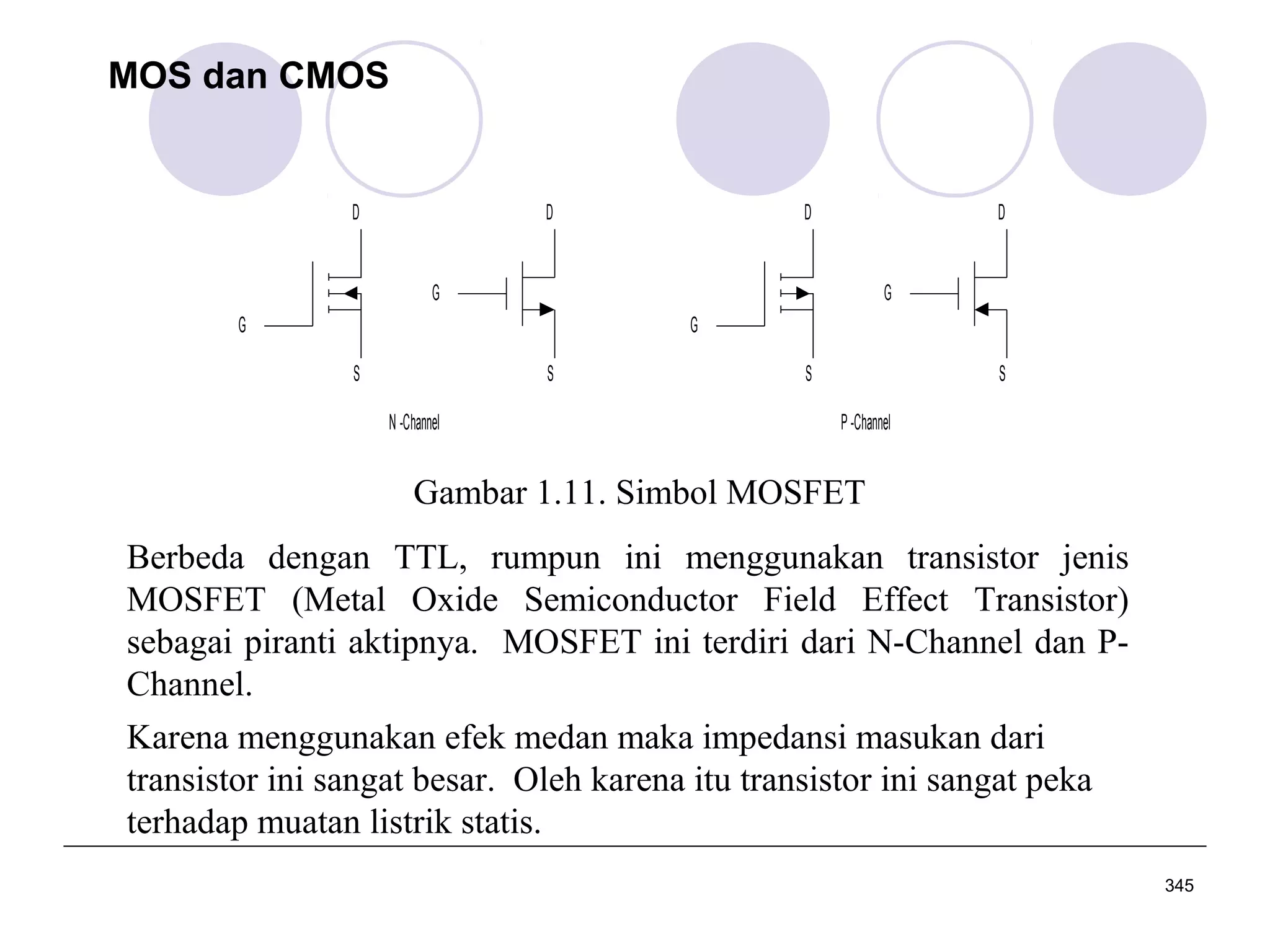 MOS dan CMOS

D

D

D

D

G

G

G

G
S

S
N -Channel

S

S
P -Channel

Gambar 1.11. Simbol MOSFET
Berbeda dengan TTL, rumpun ini menggunakan transistor jenis
MOSFET (Metal Oxide Semiconductor Field Effect Transistor)
sebagai piranti aktipnya. MOSFET ini terdiri dari N-Channel dan PChannel.
Karena menggunakan efek medan maka impedansi masukan dari
transistor ini sangat besar. Oleh karena itu transistor ini sangat peka
terhadap muatan listrik statis.
345

 