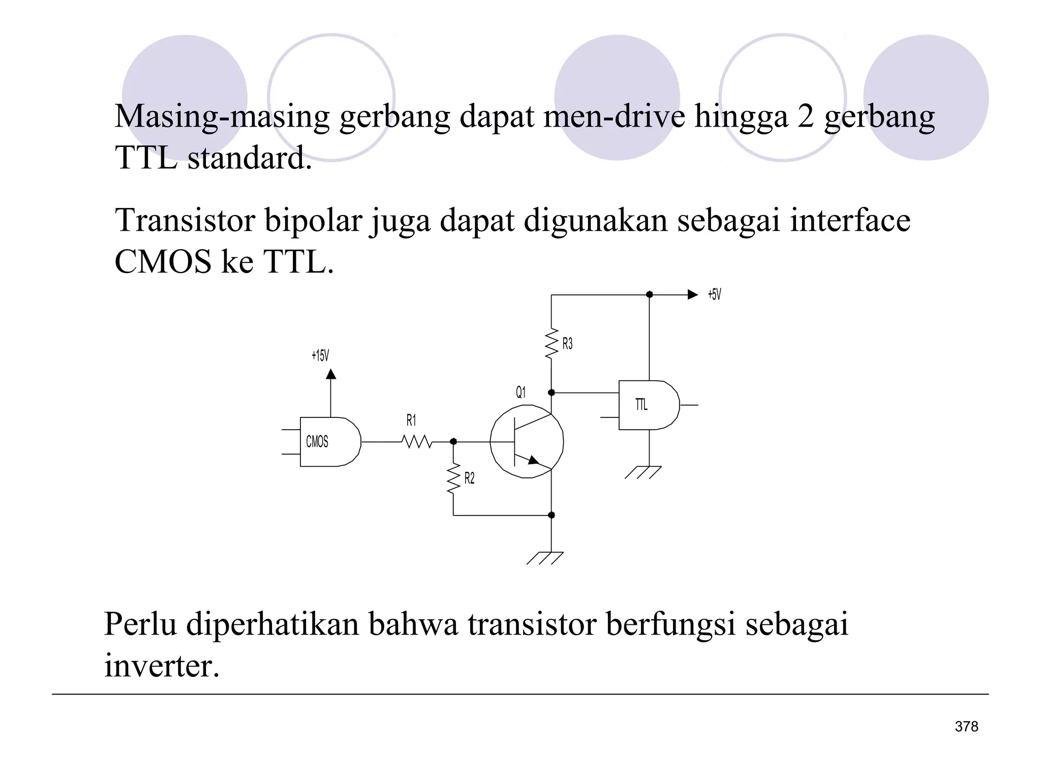 Masing-masing gerbang dapat men-drive hingga 2 gerbang
TTL standard.
Transistor bipolar juga dapat digunakan sebagai interface
CMOS ke TTL.
+5V
R3

+15V
Q1
R1

TTL

CMOS
R2

Perlu diperhatikan bahwa transistor berfungsi sebagai
inverter.
378

 