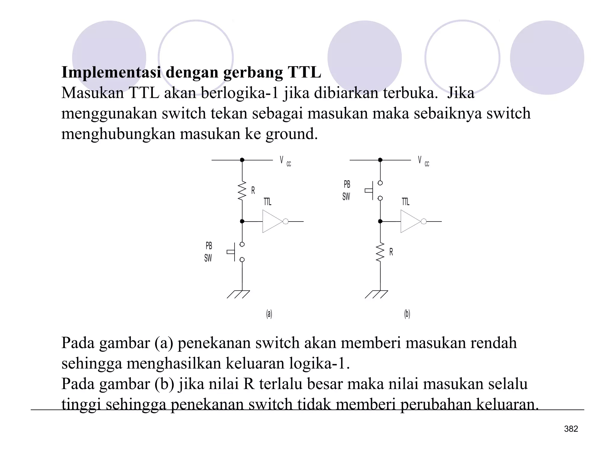 Implementasi dengan gerbang TTL
Masukan TTL akan berlogika-1 jika dibiarkan terbuka. Jika
menggunakan switch tekan sebagai masukan maka sebaiknya switch
menghubungkan masukan ke ground.
V
R

TTL

PB
SW

V

CC

PB
SW

CC

TTL

R

(a)

(b)

Pada gambar (a) penekanan switch akan memberi masukan rendah
sehingga menghasilkan keluaran logika-1.
Pada gambar (b) jika nilai R terlalu besar maka nilai masukan selalu
tinggi sehingga penekanan switch tidak memberi perubahan keluaran.
382

 