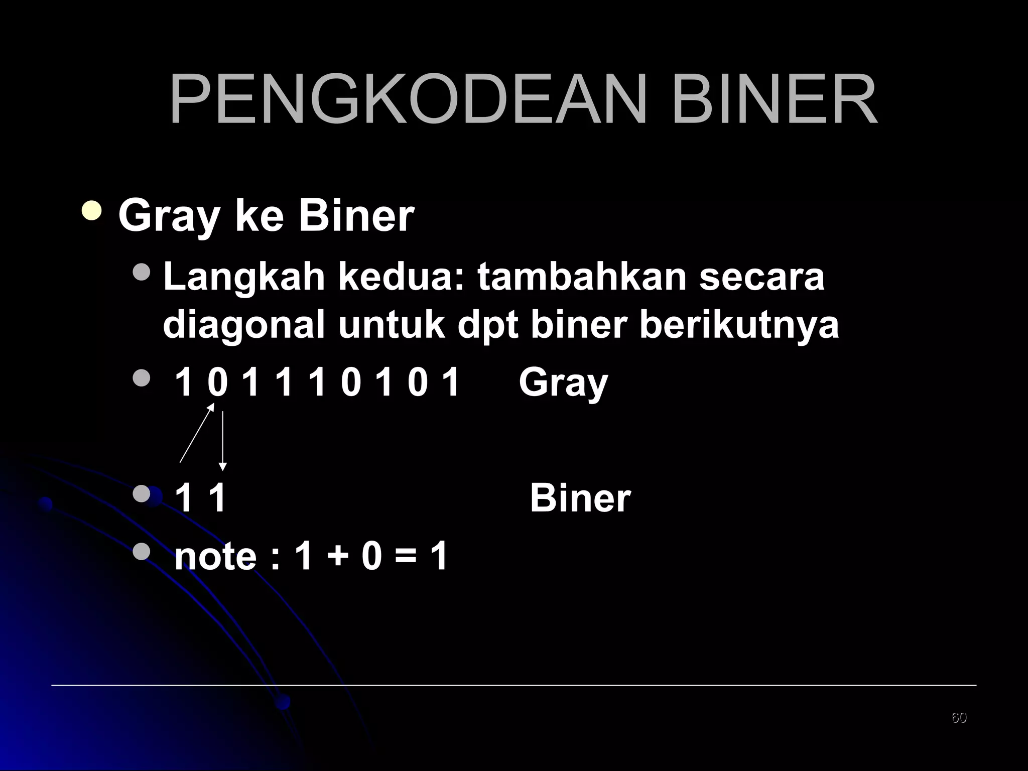 PENGKODEAN BINER
 Gray

ke Biner

 Langkah

kedua: tambahkan secara
diagonal untuk dpt biner berikutnya
 101110101
Gray



11
note : 1 + 0 = 1

Biner

60

 