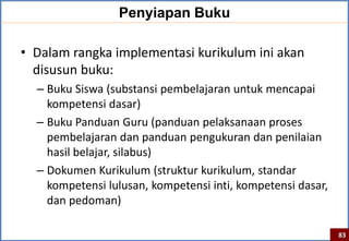 Penyiapan Buku

• Dalam rangka implementasi kurikulum ini akan
  disusun buku:
  – Buku Siswa (substansi pembelajaran untuk mencapai
    kompetensi dasar)
  – Buku Panduan Guru (panduan pelaksanaan proses
    pembelajaran dan panduan pengukuran dan penilaian
    hasil belajar, silabus)
  – Dokumen Kurikulum (struktur kurikulum, standar
    kompetensi lulusan, kompetensi inti, kompetensi dasar,
    dan pedoman)

                                                             83
 