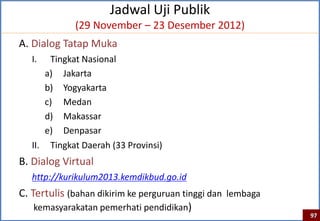 Jadwal Uji Publik
             (29 November – 23 Desember 2012)
A. Dialog Tatap Muka
   I.  Tingkat Nasional
      a) Jakarta
      b) Yogyakarta
      c) Medan
      d) Makassar
      e) Denpasar
   II. Tingkat Daerah (33 Provinsi)
B. Dialog Virtual
   http://kurikulum2013.kemdikbud.go.id
C. Tertulis (bahan dikirim ke perguruan tinggi dan lembaga
    kemasyarakatan pemerhati pendidikan)
                                                             97
 