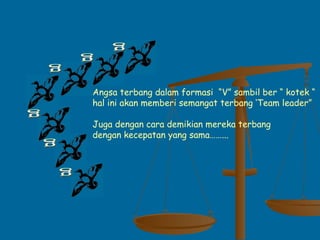 Angsa terbang dalam formasi “V” sambil ber “ kotek “
hal ini akan memberi semangat terbang ‘Team leader”
Juga dengan cara demikian mereka terbang
dengan kecepatan yang sama……...
 