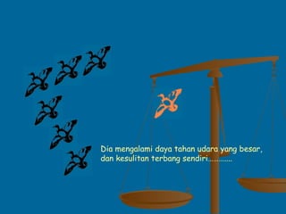 Dia mengalami daya tahan udara yang besar,
dan kesulitan terbang sendiri………....
 