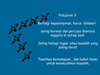 Pelajaran 3:
Berbagi kepeminpinan, harus didasari
saling hormat dan percaya diantara
anggota di setiap saat.
Saling bebagi tugas atau masalah yang
paling berat
Pusatkan kemampuan , dan bakat team
untuk memecahkan masalah.
 