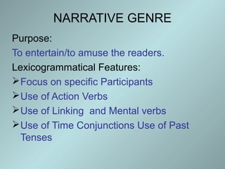NARRATIVE GENRE
Purpose:
To entertain/to amuse the readers.
Lexicogrammatical Features:
Focus on specific Participants
Use of Action Verbs
Use of Linking and Mental verbs
Use of Time Conjunctions Use of Past
Tenses
 