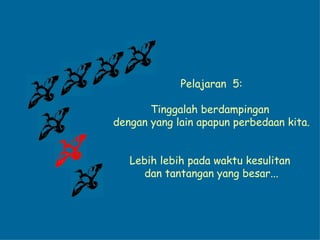 Pelajaran  5: Tinggalah berdampingan  dengan yang lain apapun perbedaan kita. Lebih lebih pada waktu kesulitan  dan tantangan yang besar... 