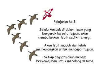 Pelajaran ke 2:
Selalu kompak di dalam team yang
bergerak ke satu tujuan; akan
membutuhkan lebih sedikit energi.
Akan lebih mudah dan lebih
menyenangkan untuk mencapai tujuan.
Setiap anggota akan merasa
berkewajiban untuk menolong sesama.

 