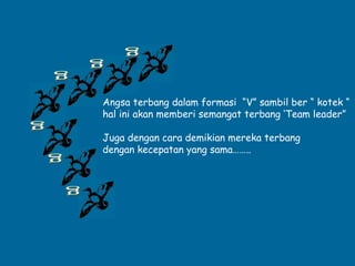 Angsa terbang dalam formasi “V” sambil ber “ kotek “
hal ini akan memberi semangat terbang ‘Team leader”
Juga dengan cara demikian mereka terbang
dengan kecepatan yang sama……...
 