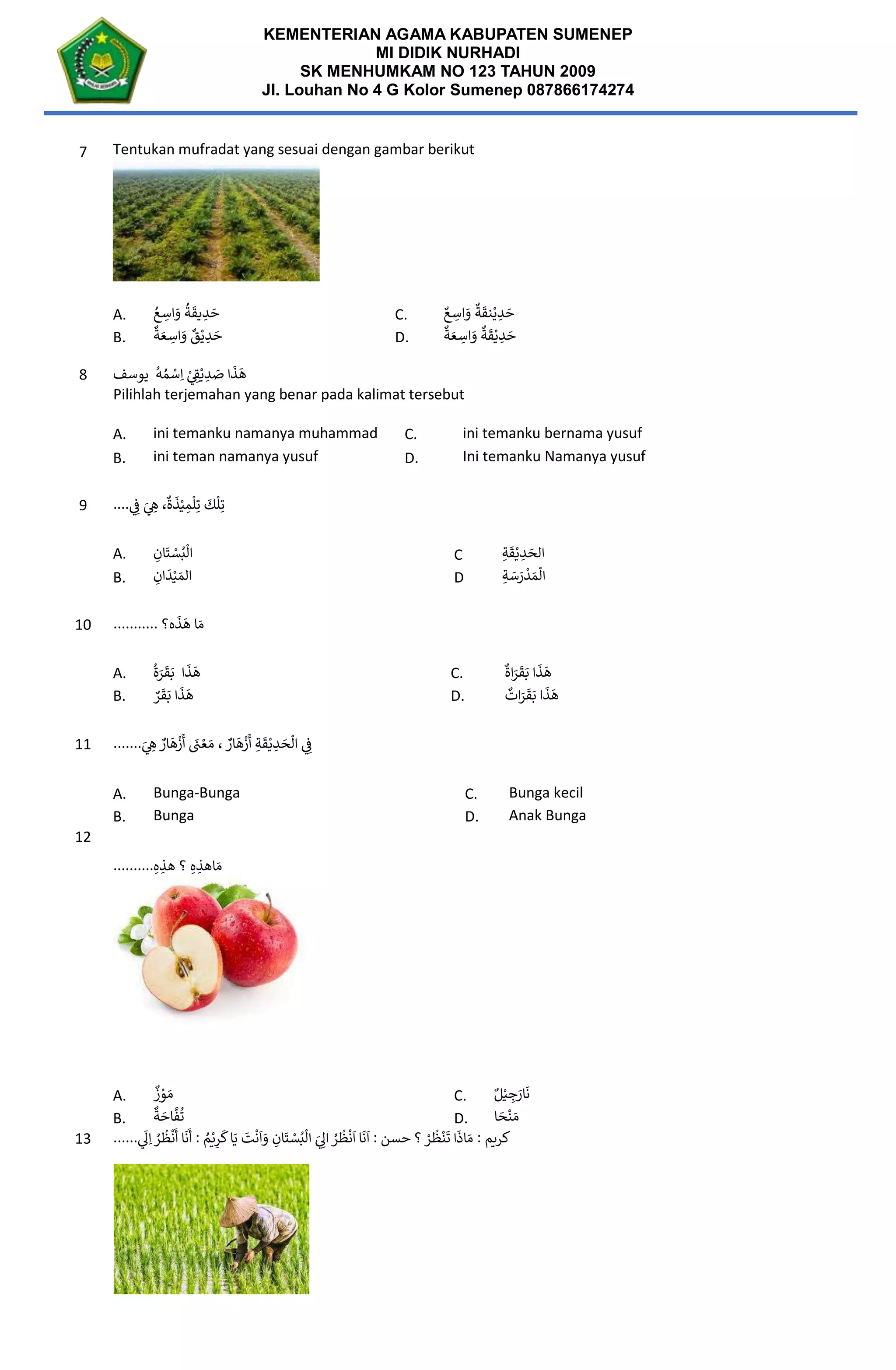 soal bahasa arab kelas 3 semester 2