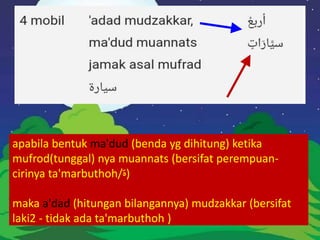 apabila bentuk ma'dud (benda yg dihitung) ketika
mufrod(tunggal) nya muannats (bersifat perempuan-
cirinya ta'marbuthoh/‫)ة‬
maka a'dad (hitungan bilangannya) mudzakkar (bersifat
laki2 - tidak ada ta'marbuthoh )
 
