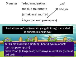 Perhatikan ma'dud (sesuatu yang dihitung) dan a'dad
(hitungan bilangannya)
(perawat perempuan)
Ketika ma'dud (yang dihitung) bentuknya muannats
(bersifat perempuan)
maka a'dad (bilangannya) bentuknya mudzakkar (bersifat
laki-laki)
 