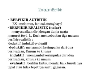 2m
acamBerfikir
• BERFIKIR AUTISTIK
EX : melamun, fantasi, menghayal
• BERFIKIR REALISTIK (nalar)
menyesuaikan diri dengan dunia nyata
menurut foyd L. Ruch menyebutkan tiga macam
berfikir realistik :
deduktif, induktif evaluatif
deduktif : mengambil kesimpulan dari dua
pernyataan, Umum ke khusus
induktif : mengambil kesimpulas dari dua
pernyataan, khusus ke umum
evaluatif : berfikir kritis, menilai baik buruk nya
tepat atau tidak tepatnya suatu gagasan.
 