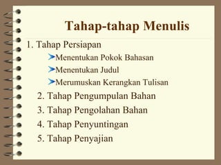 Tahap-tahap Menulis
1. Tahap Persiapan
      Menentukan Pokok Bahasan
      Menentukan Judul
      Merumuskan Kerangkan Tulisan
  2. Tahap Pengumpulan Bahan
  3. Tahap Pengolahan Bahan
  4. Tahap Penyuntingan
  5. Tahap Penyajian
 
