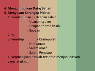 4. Mengumpulkan Data/Bahan
5. Menyusun Kerangka Pidato
   1. Pendahuluan : - Ucapan salam
               - Ucapan syukur
               - Ucapan terima kasih
               - Sapaan
   2. Isi
   3. Penutup        : - Kesimpulan
               - Himbauan
               - Salam maaf
               - Salam Penutup
   4. Kembangkan naskah tersebut menjadi naskah
   yang lengkap .
 