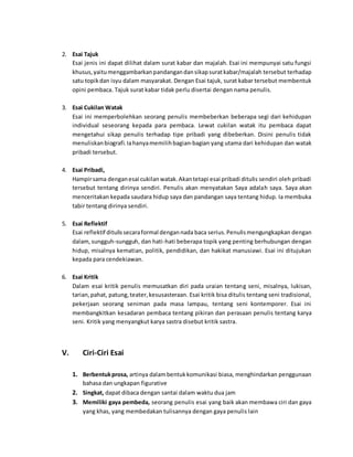 2. Esai Tajuk 
Esai jenis ini dapat dilihat dalam surat kabar dan majalah. Esai ini mempunyai satu fungsi 
khusus, yaitu menggambarkan pandangan dan sikap surat kabar/majalah tersebut terhadap 
satu topik dan isyu dalam masyarakat. Dengan Esai tajuk, surat kabar tersebut membentuk 
opini pembaca. Tajuk surat kabar tidak perlu disertai dengan nama penulis. 
3. Esai Cukilan Watak 
Esai ini memperbolehkan seorang penulis membeberkan beberapa segi dari kehidupan 
individual seseorang kepada para pembaca. Lewat cukilan watak itu pembaca dapat 
mengetahui sikap penulis terhadap tipe pribadi yang dibeberkan. Disini penulis tidak 
menuliskan biografi. Ia hanya memilih bagian-bagian yang utama dari kehidupan dan watak 
pribadi tersebut. 
4. Esai Pribadi, 
Hampir sama dengan esai cukilan watak. Akan tetapi esai pribadi ditulis sendiri oleh pribadi 
tersebut tentang dirinya sendiri. Penulis akan menyatakan Saya adalah saya. Saya akan 
menceritakan kepada saudara hidup saya dan pandangan saya tentang hidup. Ia membuka 
tabir tentang dirinya sendiri. 
5. Esai Reflektif 
Esai reflektif ditulis secara formal dengan nada baca serius. Penulis mengungkapkan dengan 
dalam, sungguh-sungguh, dan hati-hati beberapa topik yang penting berhubungan dengan 
hidup, misalnya kematian, politik, pendidikan, dan hakikat manusiawi. Esai ini ditujukan 
kepada para cendekiawan. 
6. Esai Kritik 
Dalam esai kritik penulis memusatkan diri pada uraian tentang seni, misalnya, lukisan, 
tarian, pahat, patung, teater, kesusasteraan. Esai kritik bisa ditulis tentang seni tradisional, 
pekerjaan seorang seniman pada masa lampau, tentang seni kontemporer. Esai ini 
membangkitkan kesadaran pembaca tentang pikiran dan perasaan penulis tentang karya 
seni. Kritik yang menyangkut karya sastra disebut kritik sastra. 
V. Ciri-Ciri Esai 
1. Berbentuk prosa, artinya dalam bentuk komunikasi biasa, menghindarkan penggunaan 
bahasa dan ungkapan figurative 
2. Singkat, dapat dibaca dengan santai dalam waktu dua jam 
3. Memiliki gaya pembeda, seorang penulis esai yang baik akan membawa ciri dan gaya 
yang khas, yang membedakan tulisannya dengan gaya penulis lain 
 
