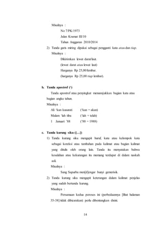 14
Misalnya :
No 7/PK/1973
Jalan Kramat III/10
Tahun Anggaran 2010/2014
2) Tanda garis miring dipakai sebagai pengganti kata atau dan tiap.
Misalnya :
Dikirimkan lewat darat/laut.
(lewat darat atau lewat laut)
Harganya Rp 25,00/lembar.
(harganya Rp 25,00 tiap lembar).
b. Tanda apostrof (‘)
Tanda apostrof atau penyingkat menunnjukkan bagian kata atau
bagian angka tahun.
Misalnya :
Ali ‘kan kusurati (‘kan = akan)
Malam ‘lah tiba (‘lah = telah)
1 Januari ’88 (’88 = 1988)
c. Tanda kurung siku ([…])
1) Tanda kurung siku mengapit huruf, kata atau kelompok kata
sebagai koreksi atau tambahan pada kalimat atau bagian kalimat
yang ditulis oleh orang lain. Tanda itu menyatakan bahwa
kesalahan atau kekurangan itu memang terdapat di dalam naskah
asli.
Misalnya :
Sang Sapurba men[d]engar bunyi gemerisik.
2) Tanda kurung siku mengapit keterangan dalam kalimat penjelas
yang sudah bertanda kurung.
Misalnya :
Persamaan kedua poroses ini (perbedaannya [lihat halaman
35-38] tidak dibicarakan) perlu dibentangkan disini.
 