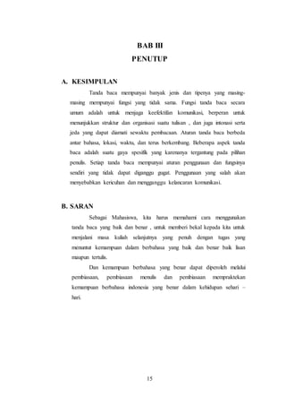 15
BAB III
PENUTUP
A. KESIMPULAN
Tanda baca mempunyai banyak jenis dan tipenya yang masing-
masing mempunyai fungsi yang tidak sama. Fungsi tanda baca secara
umum adalah untuk menjaga keefektifan komunikasi, berperan untuk
menunjukkan struktur dan organisasi suatu tulisan , dan juga intonasi serta
jeda yang dapat diamati sewaktu pembacaan. Aturan tanda baca berbeda
antar bahasa, lokasi, waktu, dan terus berkembang. Beberapa aspek tanda
baca adalah suatu gaya spesifik yang karenanya tergantung pada pilihan
penulis. Setiap tanda baca mempunyai aturan penggunaan dan fungsinya
sendiri yang tidak dapat diganggu gugat. Penggunaan yang salah akan
menyebabkan kericuhan dan mengganggu kelancaran komunikasi.
B. SARAN
Sebagai Mahasiswa, kita harus memahami cara menggunakan
tanda baca yang baik dan benar , untuk memberi bekal kepada kita untuk
menjalani masa kuliah selanjutnya yang penuh dengan tugas yang
menuntut kemampuan dalam berbahasa yang baik dan benar baik lisan
maupun tertulis.
Dan kemampuan berbahasa yang benar dapat diperoleh melalui
pembiasaan, pembiasaan menulis dan pembiasaan mempraktekan
kemampuan berbahasa indonesia yang benar dalam kehidupan sehari –
hari.
 