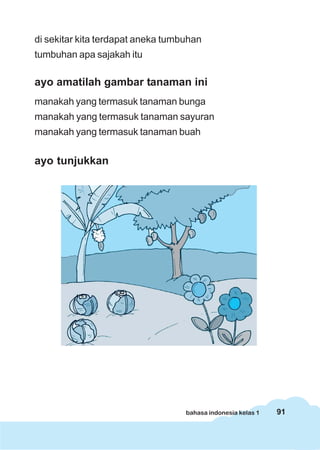 91bahasa indonesia kelas 1
di sekitar kita terdapat aneka tumbuhan
tumbuhan apa sajakah itu
ayo amatilah gambar tanaman ini
manakah yang termasuk tanaman bunga
manakah yang termasuk tanaman sayuran
manakah yang termasuk tanaman buah
ayo tunjukkan
 