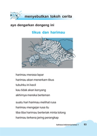 93bahasa indonesia kelas 1
ayo dengarkan dongeng ini
tikus dan harimau
harimau merasa lapar
harimau akan menerkam tikus
tubuhku ini kecil
kau tidak akan kenyang
akhirnya mereka berteman
suatu hari harimau melihat rusa
harimau mengejar rusa itu
tiba tiba harimau berteriak minta tolong
harimau terkena jaring perangkap
menyebutkan tokoh cerita
 