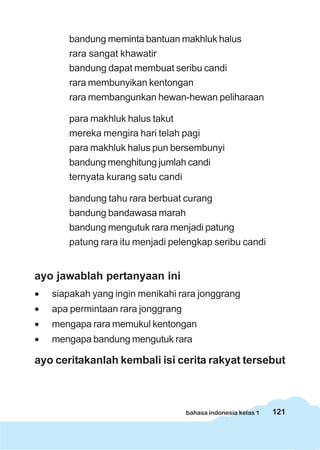 121bahasa indonesia kelas 1
bandung meminta bantuan makhluk halus
rara sangat khawatir
bandung dapat membuat seribu candi
rara membunyikan kentongan
rara membangunkan hewan-hewan peliharaan
para makhluk halus takut
mereka mengira hari telah pagi
para makhluk halus pun bersembunyi
bandung menghitung jumlah candi
ternyata kurang satu candi
bandung tahu rara berbuat curang
bandung bandawasa marah
bandung mengutuk rara menjadi patung
patung rara itu menjadi pelengkap seribu candi
ayo jawablah pertanyaan ini
• siapakah yang ingin menikahi rara jonggrang
• apa permintaan rara jonggrang
• mengapa rara memukul kentongan
• mengapa bandung mengutuk rara
ayo ceritakanlah kembali isi cerita rakyat tersebut
 