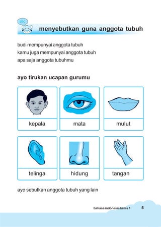 5bahasa indonesia kelas 1
budi mempunyai anggota tubuh
kamu juga mempunyai anggota tubuh
apa saja anggota tubuhmu
ayo tirukan ucapan gurumu
ayo sebutkan anggota tubuh yang lain
menyebutkan guna anggota tubuh
kepala mata mulut
telinga hidung tangan
 