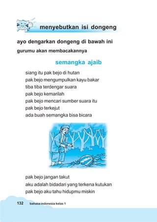 132 bahasa indonesia kelas 1
menyebutkan isi dongeng
ayo dengarkan dongeng di bawah ini
gurumu akan membacakannya
semangka ajaib
siang itu pak bejo di hutan
pak bejo mengumpulkan kayu bakar
tiba tiba terdengar suara
pak bejo kemarilah
pak bejo mencari sumber suara itu
pak bejo terkejut
ada buah semangka bisa bicara
pak bejo jangan takut
aku adalah bidadari yang terkena kutukan
pak bejo aku tahu hidupmu miskin
 