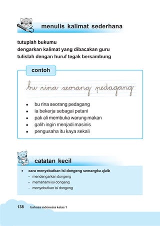 138 bahasa indonesia kelas 1
menulis kalimat sederhana
tutuplah bukumu
dengarkan kalimat yang dibacakan guru
tulislah dengan huruf tegak bersambung
bu rina seorang pedagang
ia bekerja sebagai petani
pak ali membuka warung makan
galih ingin menjadi masinis
pengusaha itu kaya sekali
contoh
catatan kecil
••••• cara menyebutkan isi dongeng semangka ajaib
- mendengarkan dongeng
- memahami isi dongeng
- menyebutkan isi dongeng
 