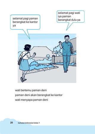20 bahasa indonesia kelas 1
wati bertemu paman deni
paman deni akan berangkat ke kantor
wati menyapa paman deni
selamat pagi paman
berangkat ke kantor
ya
selamat pagi wati
iya paman
berangkat dulu ya
 