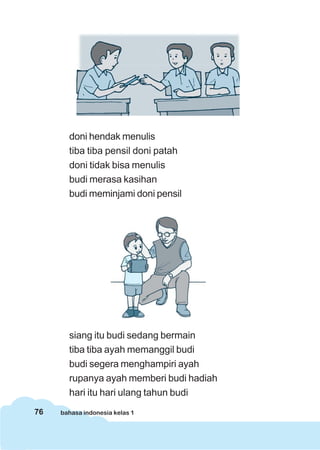 76 bahasa indonesia kelas 1
doni hendak menulis
tiba tiba pensil doni patah
doni tidak bisa menulis
budi merasa kasihan
budi meminjami doni pensil
siang itu budi sedang bermain
tiba tiba ayah memanggil budi
budi segera menghampiri ayah
rupanya ayah memberi budi hadiah
hari itu hari ulang tahun budi
 